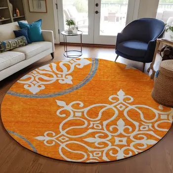 8' Orange Gray And Ivory Round Floral Medallion Washable Indoor Outdoor Area Rug
