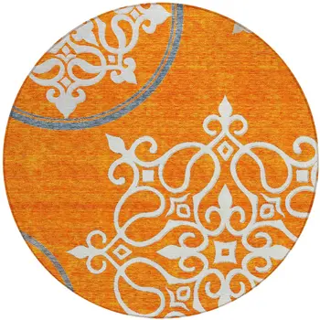 8' Orange Gray And Ivory Round Floral Medallion Washable Indoor Outdoor Area Rug