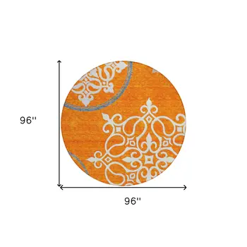 8' Orange Gray And Ivory Round Floral Medallion Washable Indoor Outdoor Area Rug