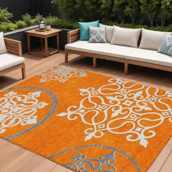 10' X 14' Orange Gray And Ivory Floral Medallion Washable Indoor Outdoor Area Rug