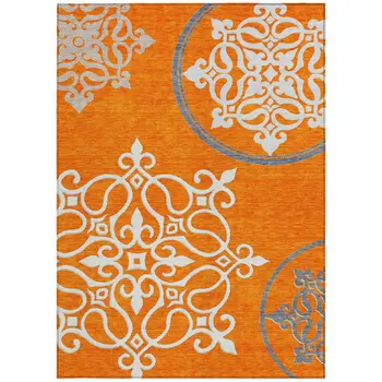 10' X 14' Orange Gray And Ivory Floral Medallion Washable Indoor Outdoor Area Rug