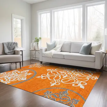 10' X 14' Orange Gray And Ivory Floral Medallion Washable Indoor Outdoor Area Rug