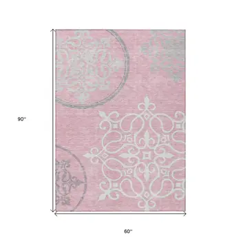 5' X 8' Pink Gray And Ivory Floral Medallion Washable Indoor Outdoor Area Rug