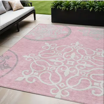 5' X 8' Pink Gray And Ivory Floral Medallion Washable Indoor Outdoor Area Rug