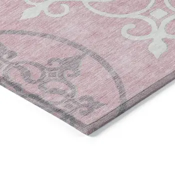 5' X 8' Pink Gray And Ivory Floral Medallion Washable Indoor Outdoor Area Rug