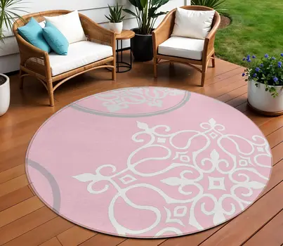 8' Pink Gray And Ivory Round Floral Medallion Washable Indoor Outdoor Area Rug