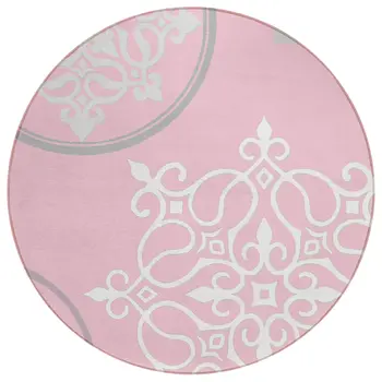 8' Pink Gray And Ivory Round Floral Medallion Washable Indoor Outdoor Area Rug
