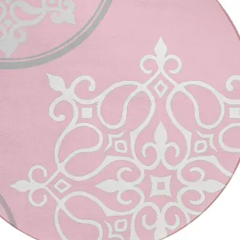 8' Pink Gray And Ivory Round Floral Medallion Washable Indoor Outdoor Area Rug