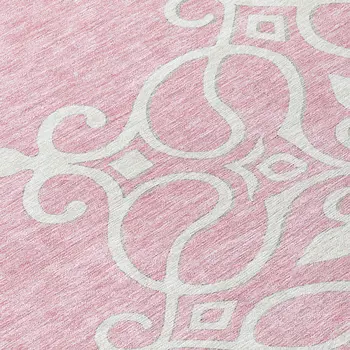 8' Pink Gray And Ivory Round Floral Medallion Washable Indoor Outdoor Area Rug
