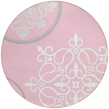 8' Pink Gray And Ivory Round Floral Medallion Washable Indoor Outdoor Area Rug
