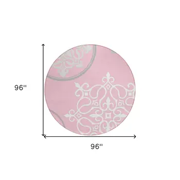 8' Pink Gray And Ivory Round Floral Medallion Washable Indoor Outdoor Area Rug