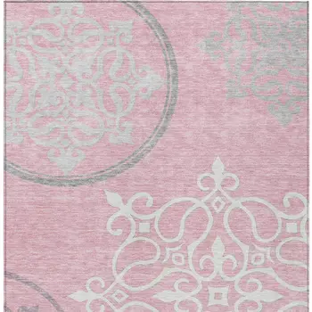 8' X 10' Pink Gray And Ivory Floral Medallion Washable Indoor Outdoor Area Rug