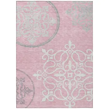 8' X 10' Pink Gray And Ivory Floral Medallion Washable Indoor Outdoor Area Rug