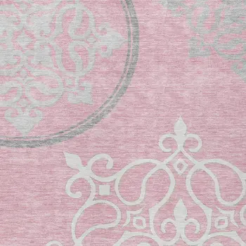 8' X 10' Pink Gray And Ivory Floral Medallion Washable Indoor Outdoor Area Rug