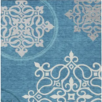 3' X 5' Teal Blue Gray And Ivory Floral Medallion Washable Indoor Outdoor Area Rug