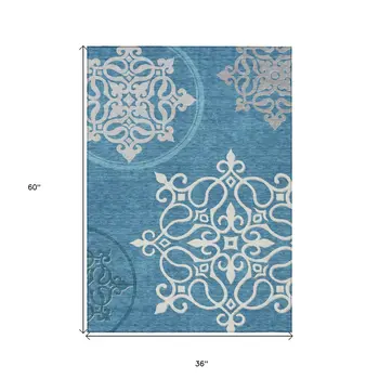 3' X 5' Teal Blue Gray And Ivory Floral Medallion Washable Indoor Outdoor Area Rug