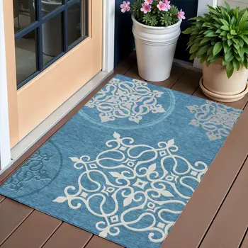3' X 5' Teal Blue Gray And Ivory Floral Medallion Washable Indoor Outdoor Area Rug