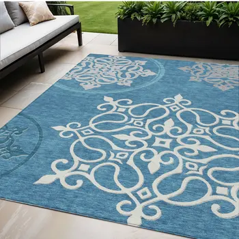 5' X 8' Teal Blue Gray And Ivory Floral Medallion Washable Indoor Outdoor Area Rug