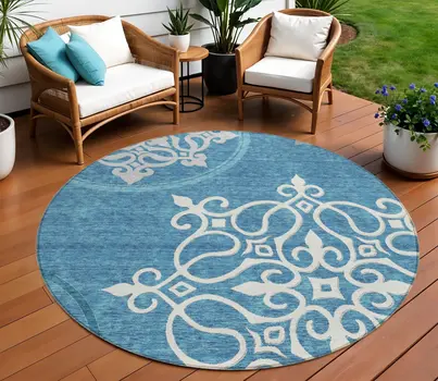 8' Teal Blue Gray And Ivory Round Floral Medallion Washable Indoor Outdoor Area Rug