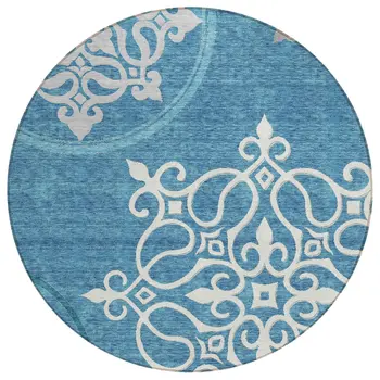 8' Teal Blue Gray And Ivory Round Floral Medallion Washable Indoor Outdoor Area Rug