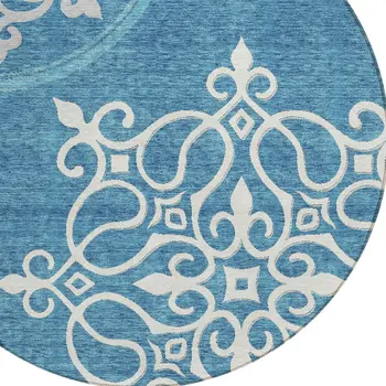 8' Teal Blue Gray And Ivory Round Floral Medallion Washable Indoor Outdoor Area Rug