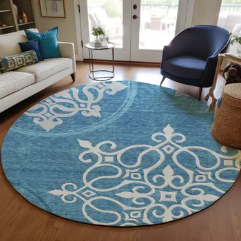 8' Teal Blue Gray And Ivory Round Floral Medallion Washable Indoor Outdoor Area Rug