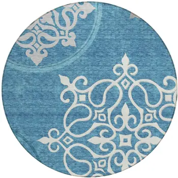 8' Teal Blue Gray And Ivory Round Floral Medallion Washable Indoor Outdoor Area Rug