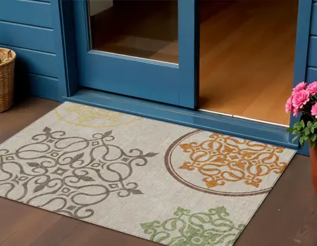 3' X 5' Taupe Floral Medallion Washable Indoor Outdoor Area Rug