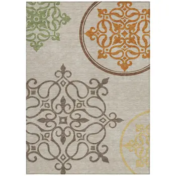 5' X 8' Taupe Floral Medallion Washable Indoor Outdoor Area Rug