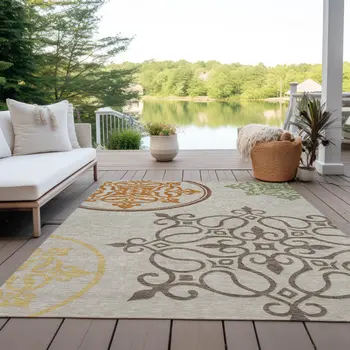 5' X 8' Taupe Floral Medallion Washable Indoor Outdoor Area Rug