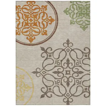 5' X 8' Taupe Floral Medallion Washable Indoor Outdoor Area Rug