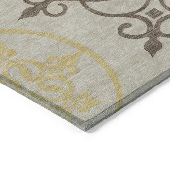 5' X 8' Taupe Floral Medallion Washable Indoor Outdoor Area Rug