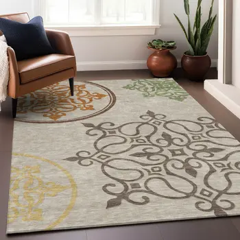 5' X 8' Taupe Floral Medallion Washable Indoor Outdoor Area Rug