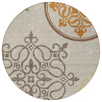8' Taupe Round Floral Medallion Washable Indoor Outdoor Area Rug