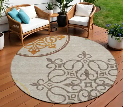 8' Taupe Round Floral Medallion Washable Indoor Outdoor Area Rug
