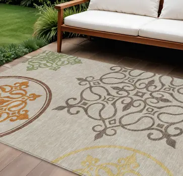 8' X 10' Taupe Floral Medallion Washable Indoor Outdoor Area Rug