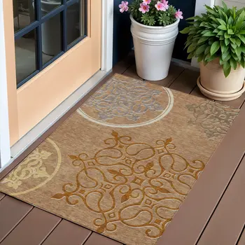 3' X 5' Terra Cotta Gold And Gray Floral Medallion Washable Indoor Outdoor Area Rug