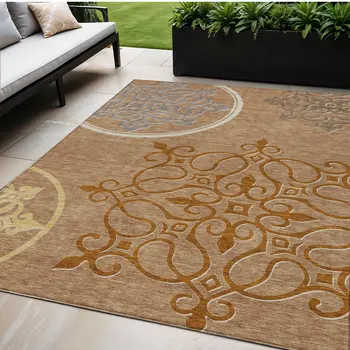 5' X 8' Terra Cotta Gold And Gray Floral Medallion Washable Indoor Outdoor Area Rug