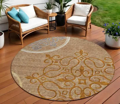 8' Terra Cotta Gold And Gray Round Floral Medallion Washable Indoor Outdoor Area Rug