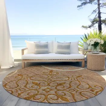 8' Terra Cotta Gold And Gray Round Floral Medallion Washable Indoor Outdoor Area Rug