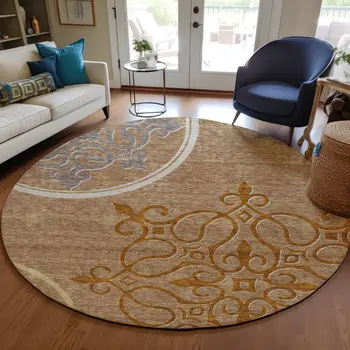 8' Terra Cotta Gold And Gray Round Floral Medallion Washable Indoor Outdoor Area Rug