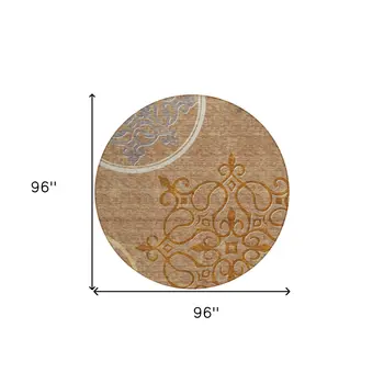 8' Terra Cotta Gold And Gray Round Floral Medallion Washable Indoor Outdoor Area Rug