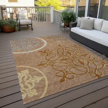 8' X 10' Terra Cotta Gold And Gray Floral Medallion Washable Indoor Outdoor Area Rug