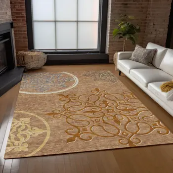 9' X 12' Terra Cotta Gold And Gray Floral Medallion Washable Indoor Outdoor Area Rug