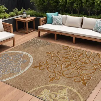 10' X 14' Terra Cotta Gold And Gray Floral Medallion Washable Indoor Outdoor Area Rug