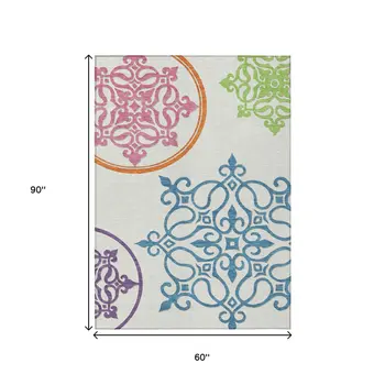 5' X 8' White Floral Medallion Washable Indoor Outdoor Area Rug