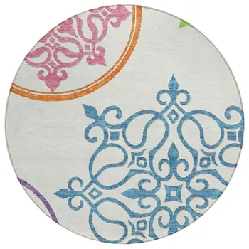 8' White Round Floral Medallion Washable Indoor Outdoor Area Rug