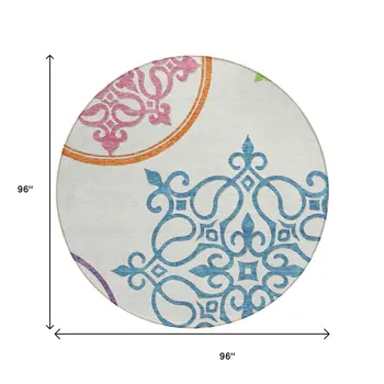 8' White Round Floral Medallion Washable Indoor Outdoor Area Rug