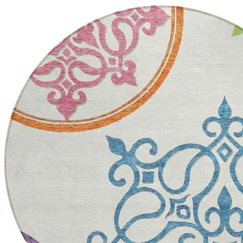 8' White Round Floral Medallion Washable Indoor Outdoor Area Rug