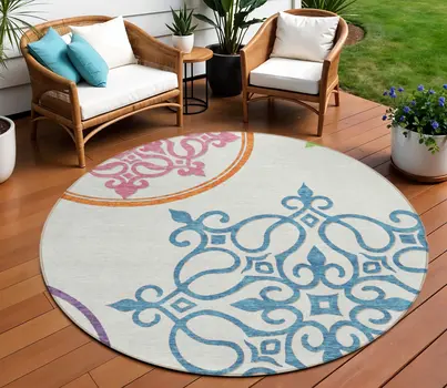 8' White Round Floral Medallion Washable Indoor Outdoor Area Rug